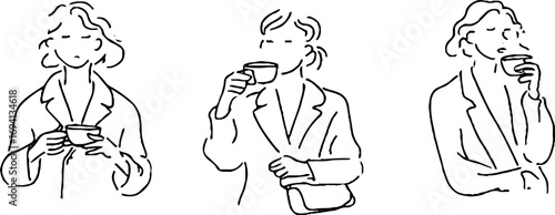 Minimalist line art of female silhouettes sipping coffee - modern boho aesthetic for design and decor