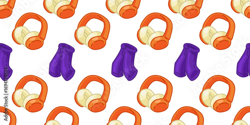 Cartoon earmuff mitten seamless pattern design. Cartoon earmuffs and mittens seamless pattern in flat style with orange and purple colors on white background.