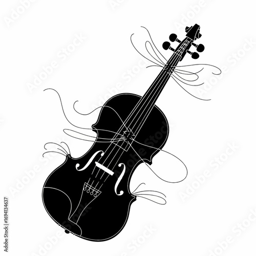 Elegant black silhouette of a classical violin adorned with flowing ribbons. A minimalist vector graphic for music lovers