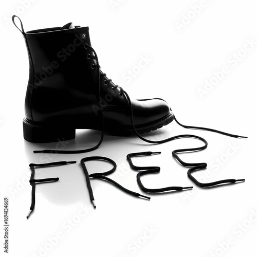Symbolic concept of liberation and independence with a black combat boot's untied shoelace spelling the word 'FREE' on a white background