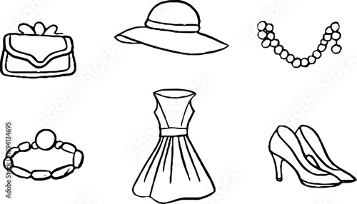Minimalist line art collection of fashion accessories and female silhouettes for design and decor