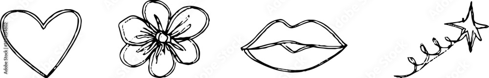 Obraz premium Minimalist line art feminine icons set with heart, flower, lips, and star elements for design