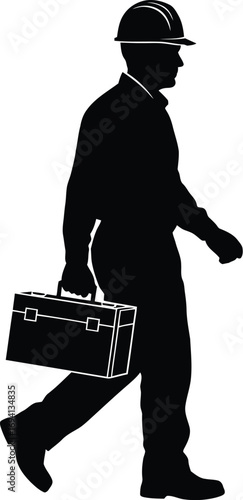 Silhouette of a worker carrying a toolbox, depicting labor, industry, and skilled trades in a minimalist style