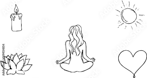 Minimalist line art illustrations of feminine yoga poses with sun, candle, heart, and lotus elements for mindfulness and meditation