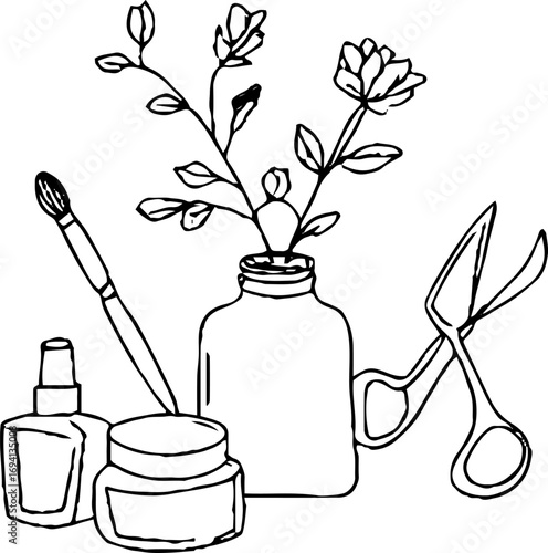 Minimalist line art of manicure tools and floral arrangement for beauty and relaxation themes