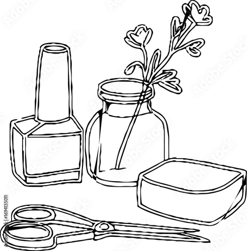 Minimalist line art of manicure scene with nail polish and scissors for beauty design