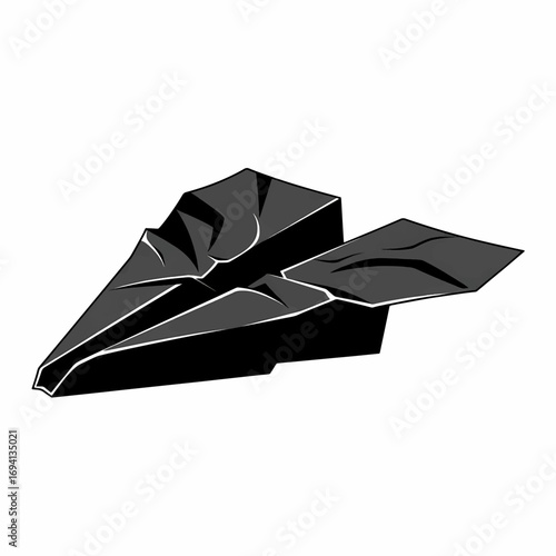 Crumpled black paper airplane illustration symbolizing a failed launch, crashed project, or discarded idea. Isolated monochrome vector graphic
