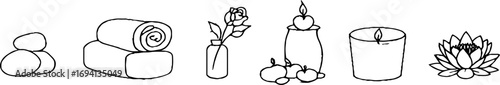 Minimalist line art of spa essentials with girl in relaxation pose for wellness design