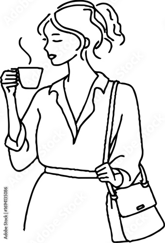 Minimalist line art of woman enjoying coffee - aesthetic design for logos and tattoos