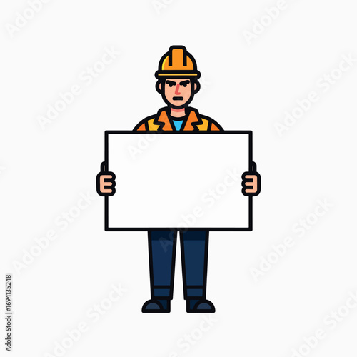 Construction Worker Holding Blank Signage for Information Display