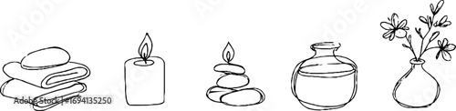 Minimalist line art collection of hot stones, lit candle, and vase with flowers for spa and relaxation decor