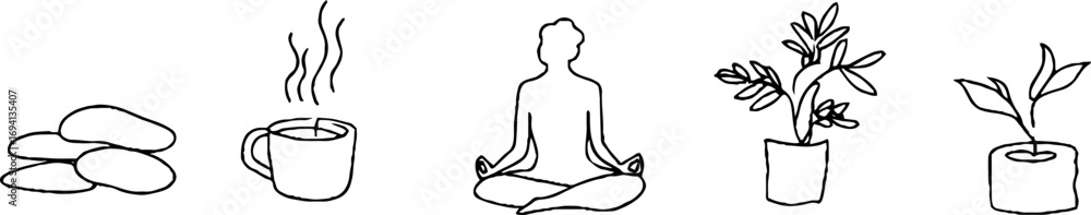 Obraz premium Minimalist line art set featuring meditation posture, tea, and plant elements for tranquil design