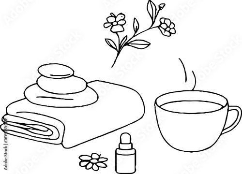 Minimalist line art set featuring massage stones and essential oils for relaxation and spa ambiance