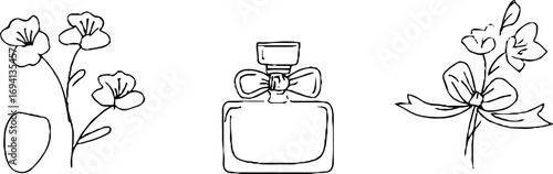 Minimalist line art of mirror, hairbrush, and perfume set for aesthetic designs