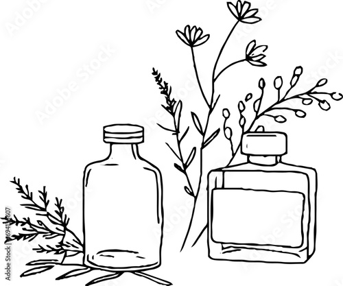 Minimalist line art illustration of shower gel bottles with floral elements for design