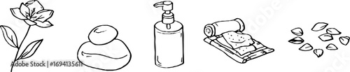 Minimalist line art set featuring shower gel, botanical elements, and spa essentials for wellness designs