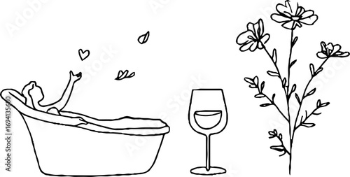 Minimalist line art of relaxing girl in bathtub with wine and flowers for spa aesthetic decor