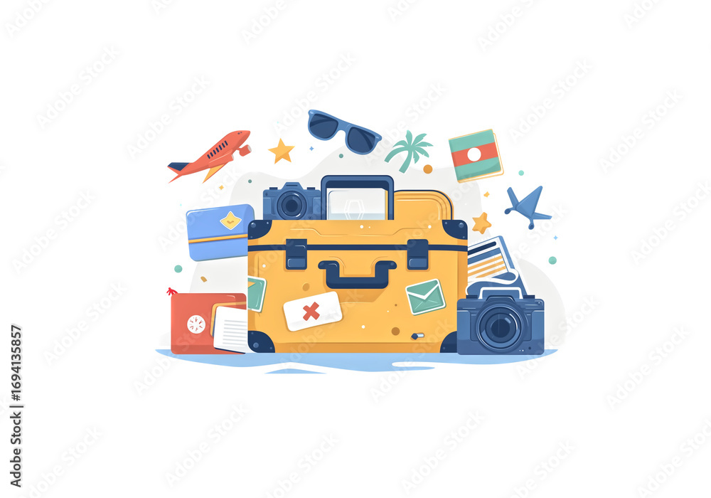 Fototapeta premium Travel suitcase with stickers, passport, sunglasses, camera sola