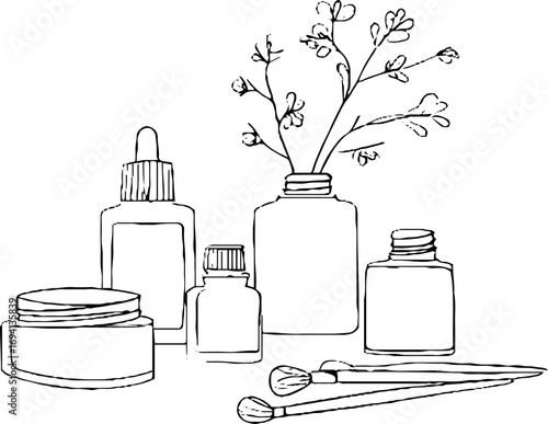 Minimalist line art of skincare jars and natural elements for aesthetic design