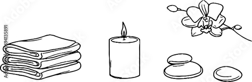Minimalist spa line art set featuring towels, candle, orchid, and stones for relaxation and decor