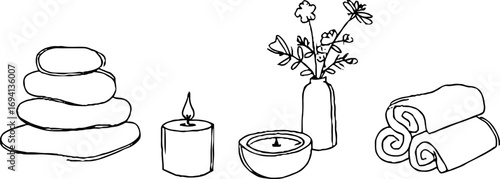 Minimalist line art of meditative stone stack, candle, and floral arrangement for aesthetic decor