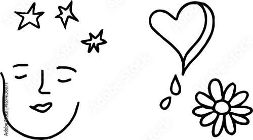 Minimalist line art symbols of soul with face, heart, and flower for bohemian aesthetic design