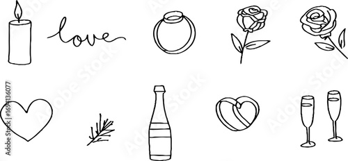 Minimalist line art set of symbols for love and celebration design