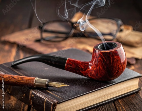 Vintage pipe and pen on book with glasses