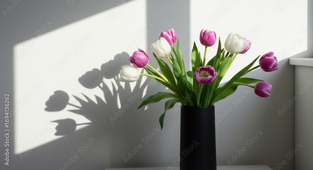 Fototapeta premium Sonnenlicht tanzt auf Tulpenstrauss elegantes SchwarzWeiss Foto. AI Generated