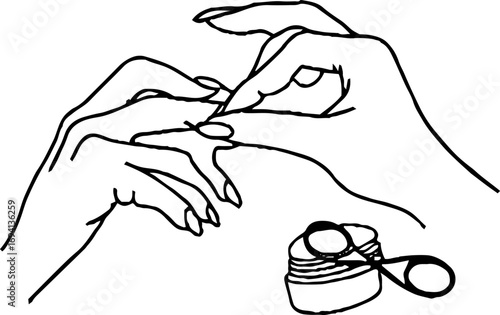 Minimalist line art of woman applying nail polish for bohemian aesthetic design
