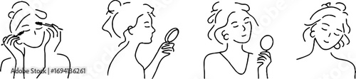 Minimalist line art collection of woman applying mascara for beauty and cosmetics
