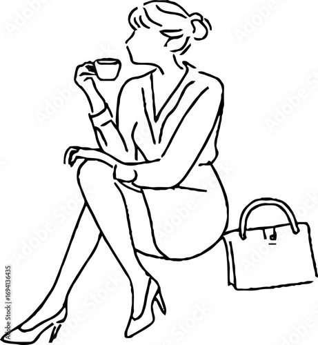 Minimalist line art design of woman sipping coffee for print and aesthetic decor