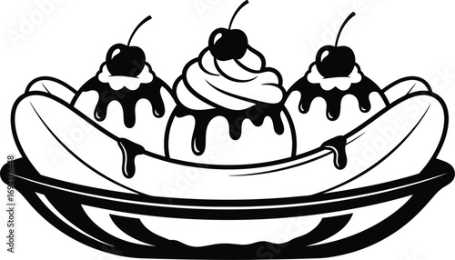 Illustration of a banana split, a classic dessert with ice cream, banana, chocolate syrup, whipped cream, and cherry