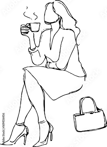 Minimalist line art of woman sipping coffee with bag for aesthetic design