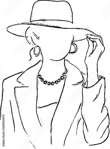 Minimalist line art of woman trying on hat for boho fashion designs