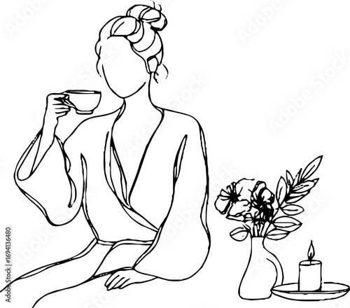 Elegant minimalist line art of woman sipping tea with floral decor for relaxation and aesthetic design