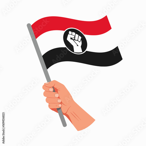 Human Hand Holding a Waving Black Red and White Flag with a Fist Symbol