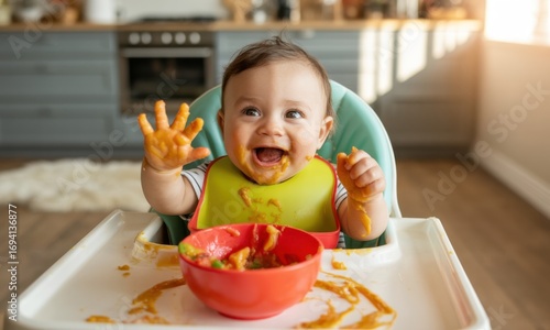 Happy messy baby boy enjoying mealtime in a high chair, covered in food, smiling widely