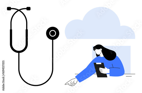 Stethoscope next to a woman holding a clipboard, pointing outward, with a cloud in the background. Ideal for healthcare, medical technology, telemedicine, teamwork, digital tools, innovation simple