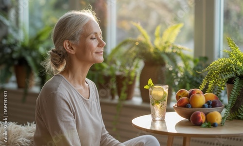 Serene senior woman meditating at home with healthy refreshments and green plants
