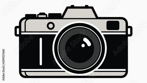 Stylized black and white illustration of an old-fashioned camera, a simple graphic representing the art of photography and nostalgic memories