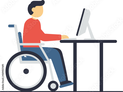 Wheelchair User Working at Computer Desk – Flat Design Vector Icon