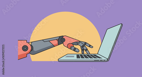 Prosthetic Arm Typing on Laptop – Flat Design Vector Icon