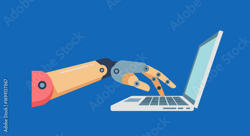 Prosthetic Robotic Arm Typing on Laptop – Flat Design Vector Icon