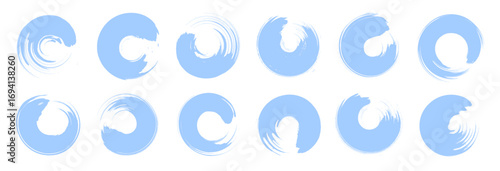 Abstract pale circle background set. Light blue painted ink brush round frames. Vector winter ice snow swirls overlay. Cold weather splash effect stains. Watercolor brush marker design elements bg