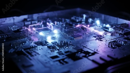 Intricate circuit board illuminated with vibrant blue and purple light, showcasing the complex inner workings of technology.