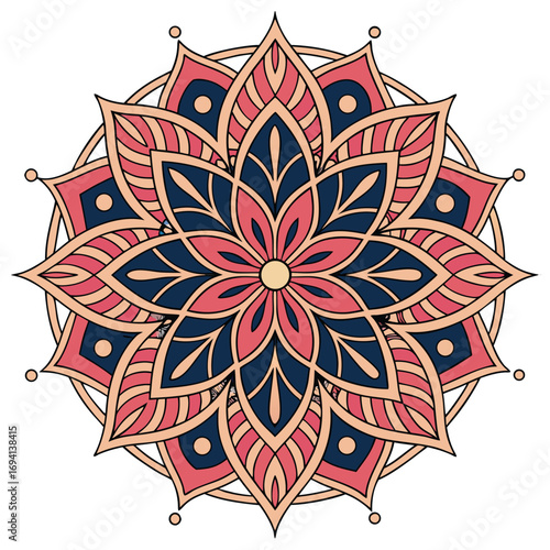 Colorful ornamental floral pattern with a round mandala design