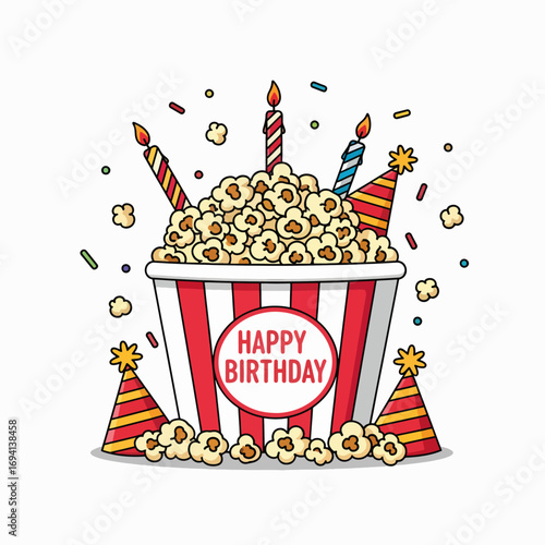 Popcorn Bucket Happy Birthday Party Celebration with Candles and Hats