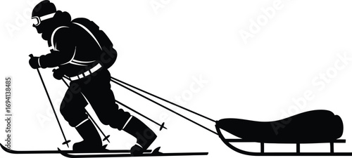 Silhouette of a skier pulling a sled winter sport, adventure, and endurance in a snowy landscape
