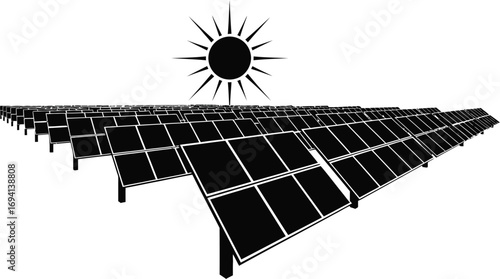 Solar panel farm with sun, clean energy source, renewable energy, sustainable energy, alternative energy, power generation